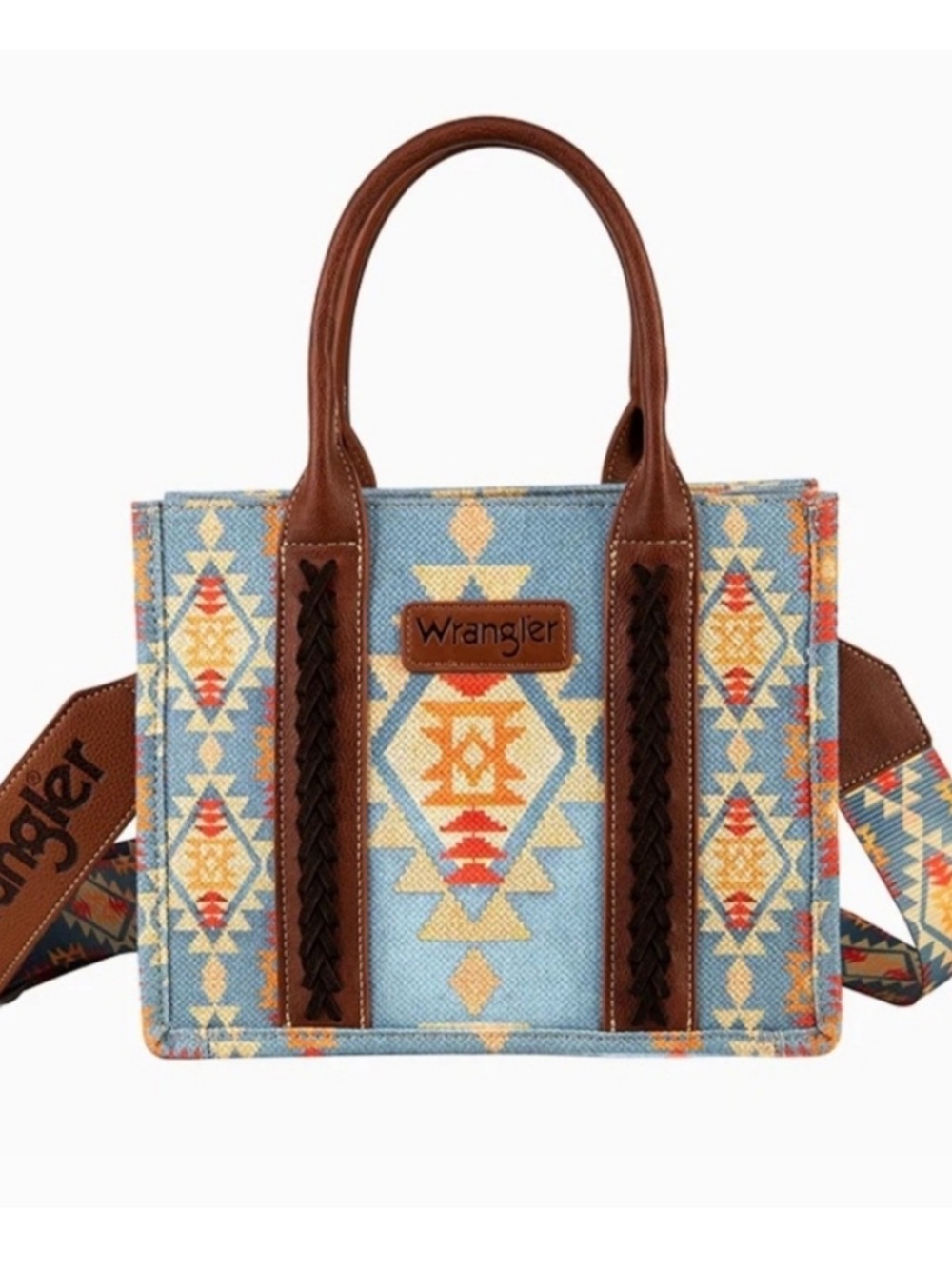 Wrangler Light Blue Aztec Tote with Brown Leather Trim and Patterned Strap - Picture 2 of 5